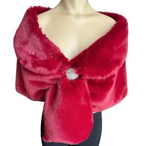 Red Faux Fur Stole Shawl 58 Inch Silver Tone Rhinestone Pearl Metal Brooch Pin